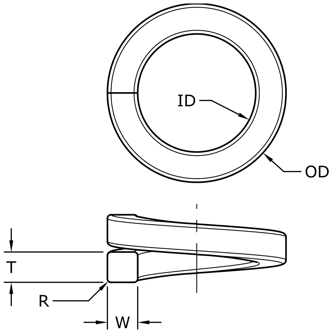 AREMA AREA railroad track lock washer dimension diagram showing inside diameter ID, outside diameter OD, thickness T and width W