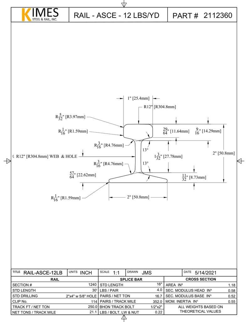 ASCE 12 lb Rail Drawing