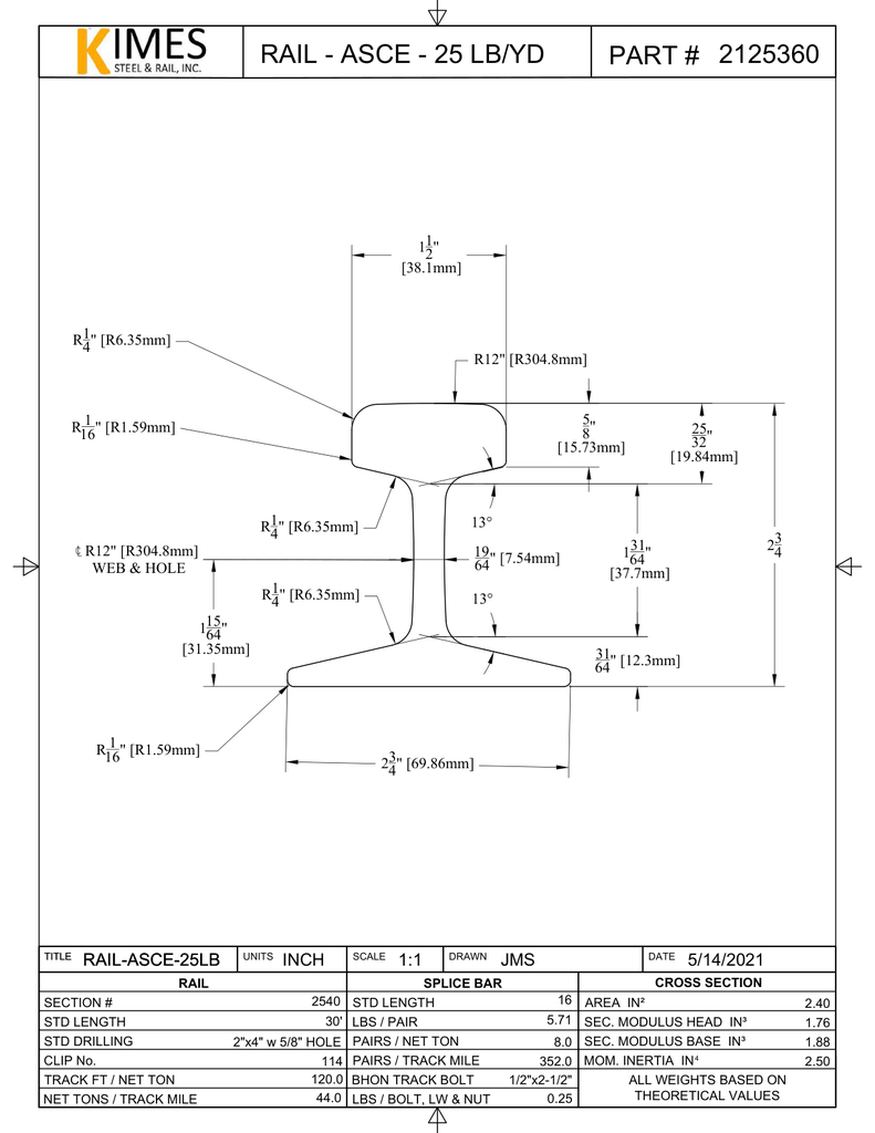 ASCE 25 lb Rail Drawing