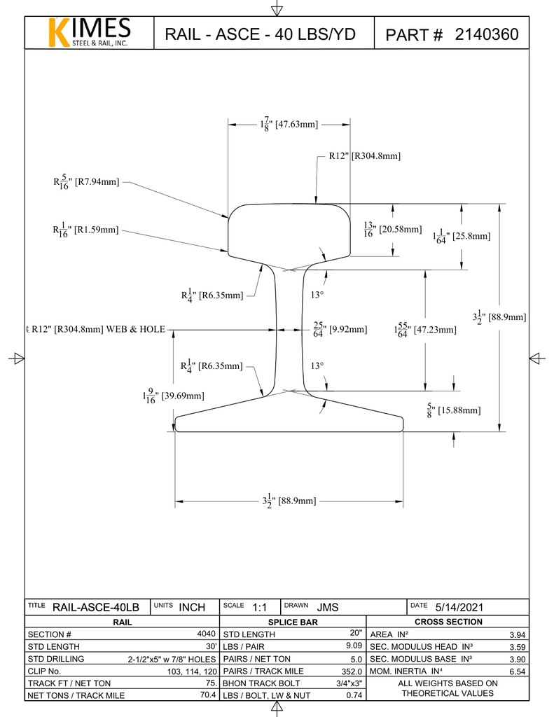 ASCE 40 lb Rail Drawing