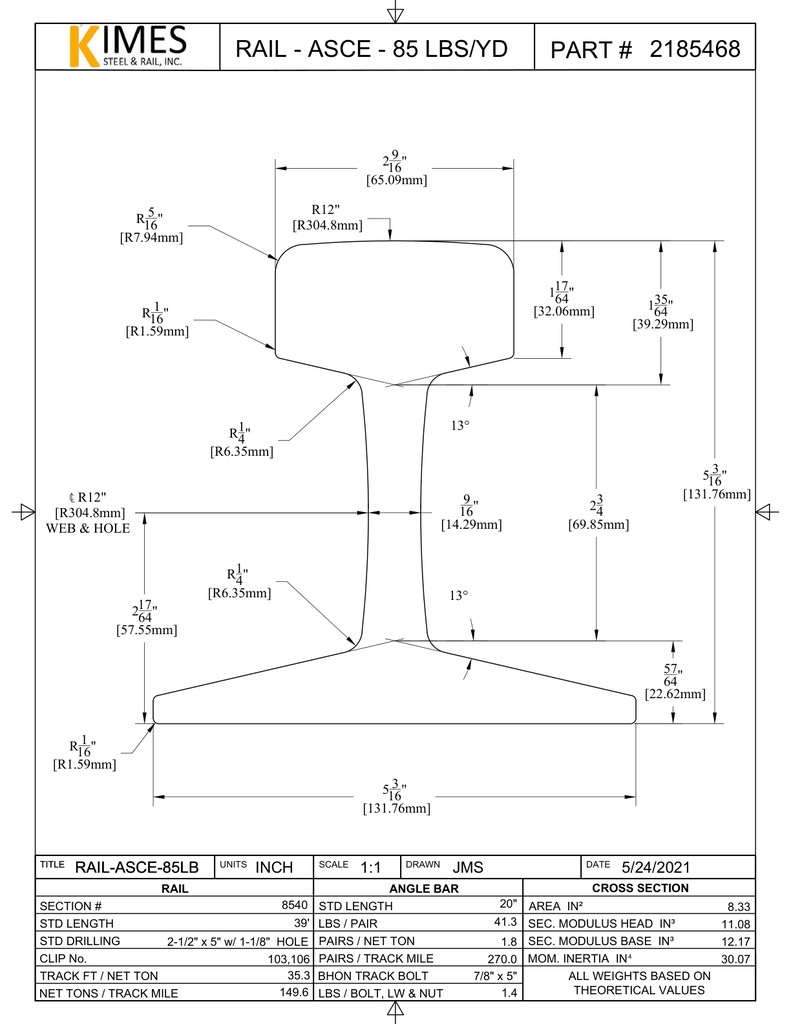 ASCE 85 lb Rail Drawing